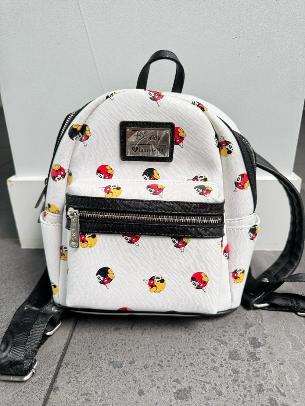 Loungefly Disney White Mini Backpack with Red and Yellow Mickey Icons